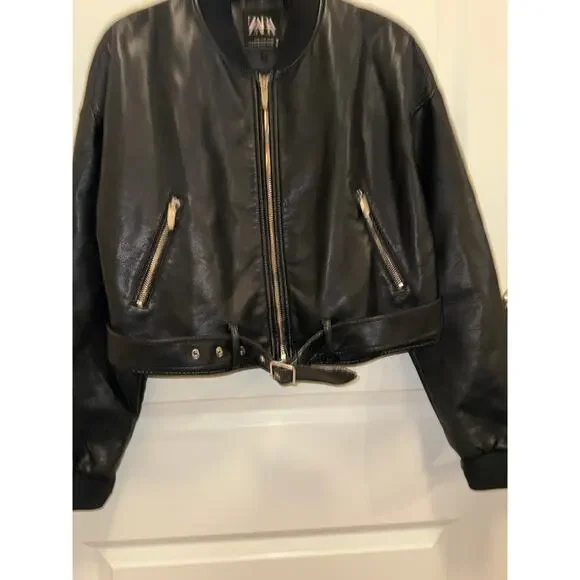 Zara Faux Leather Cropped Bomber Jacket Women Black Belted Moto Style - Picture 12 of 17